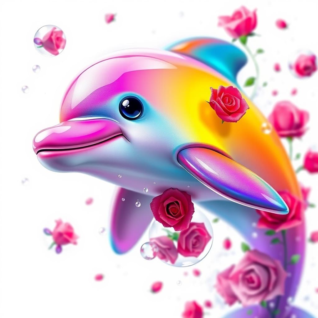 Vibrant Rainbow Dolphin in Whimsical Bubbles of Joy