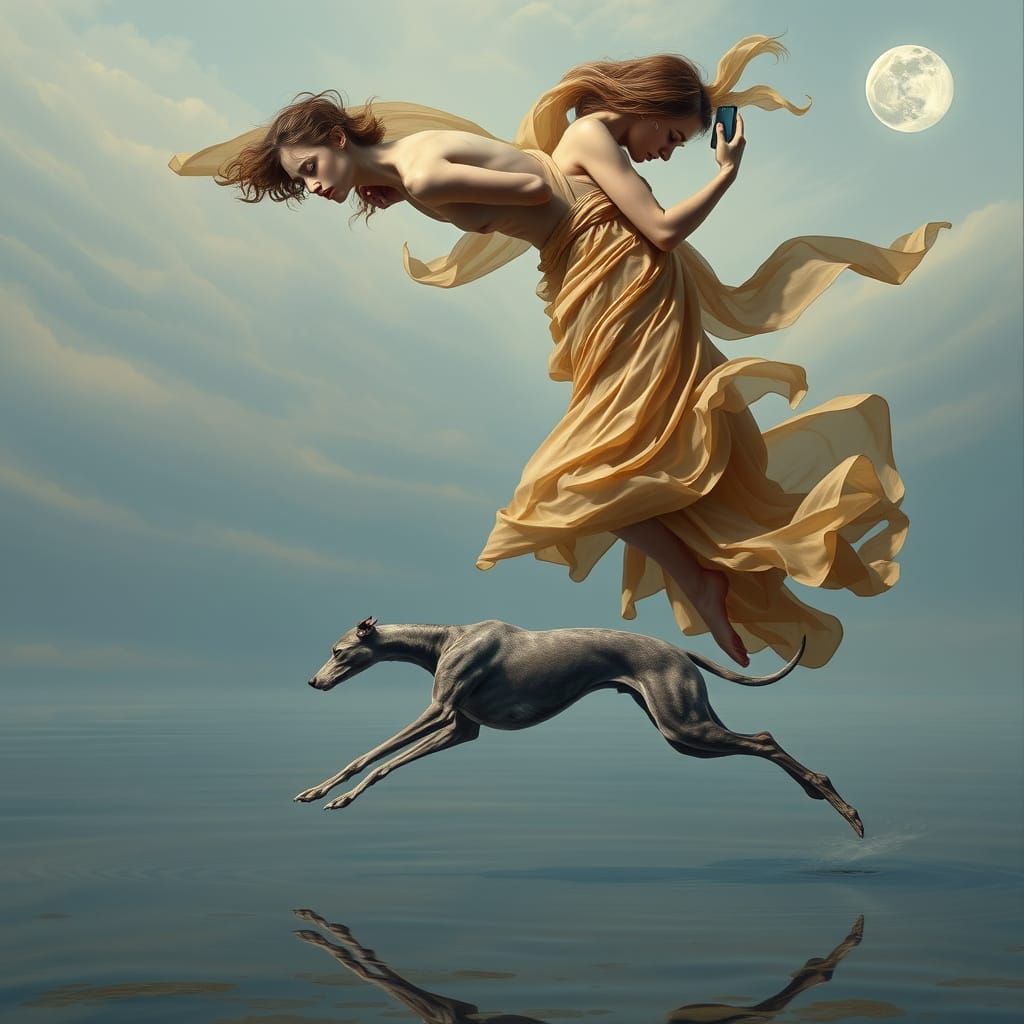 Intertwined Figures with Greyhound in Surreal Dreamscape