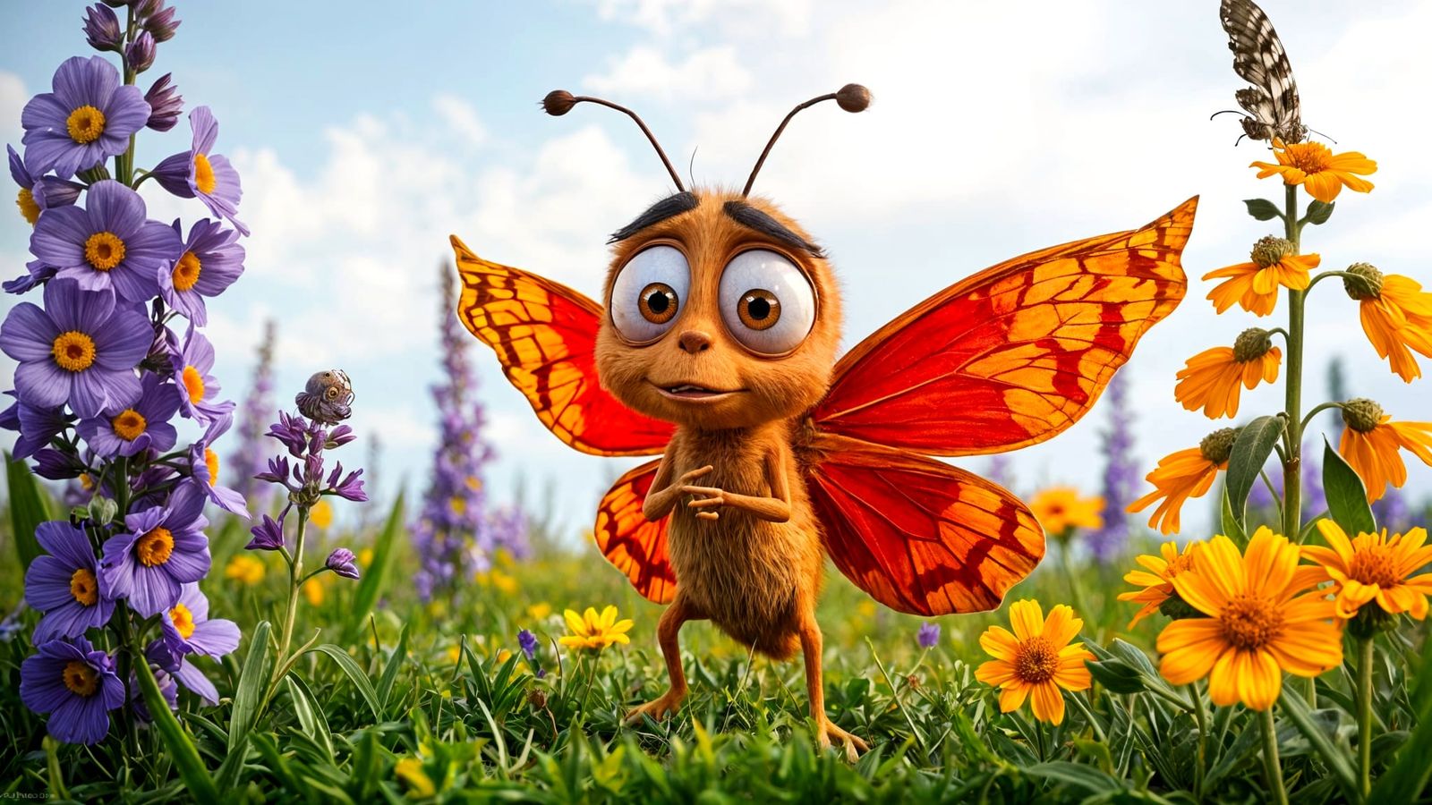 Confused Butterfly in Colorful Pixar-Style Meadow