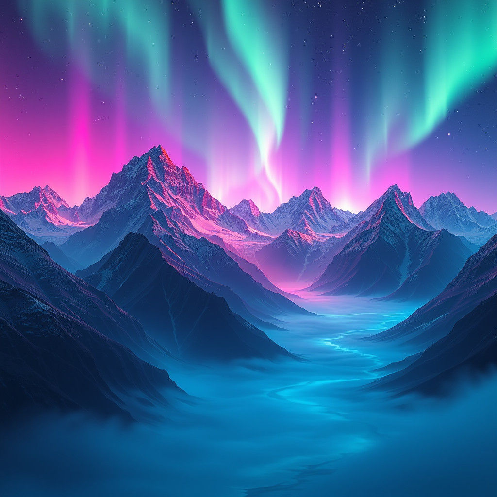 Colorful Mountains Shimmering Under Northern Lights