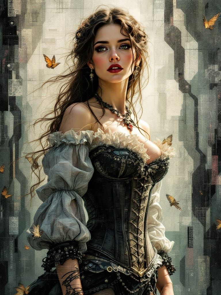 Renaissance Pin-Up Girl in Glitched Industrial Setting