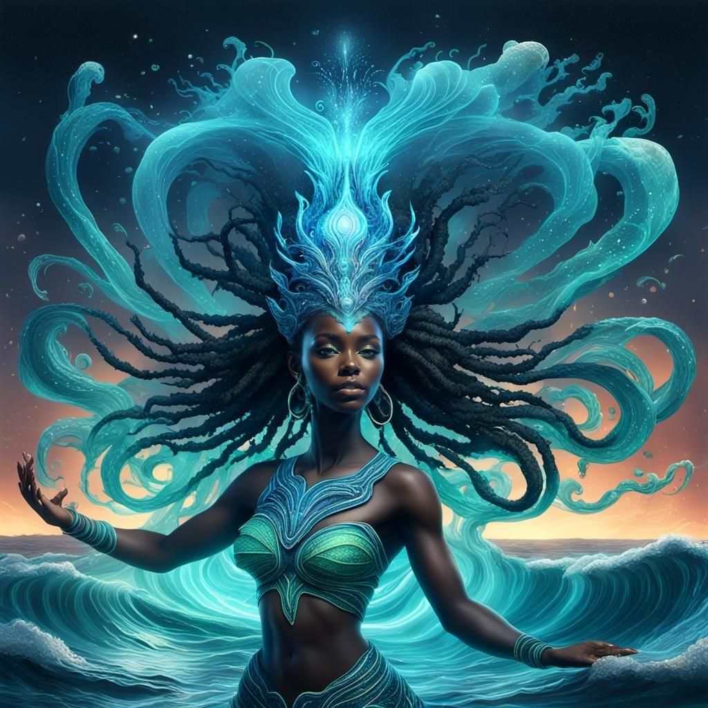 African Sea Goddess Commanding Bioluminescent Tides