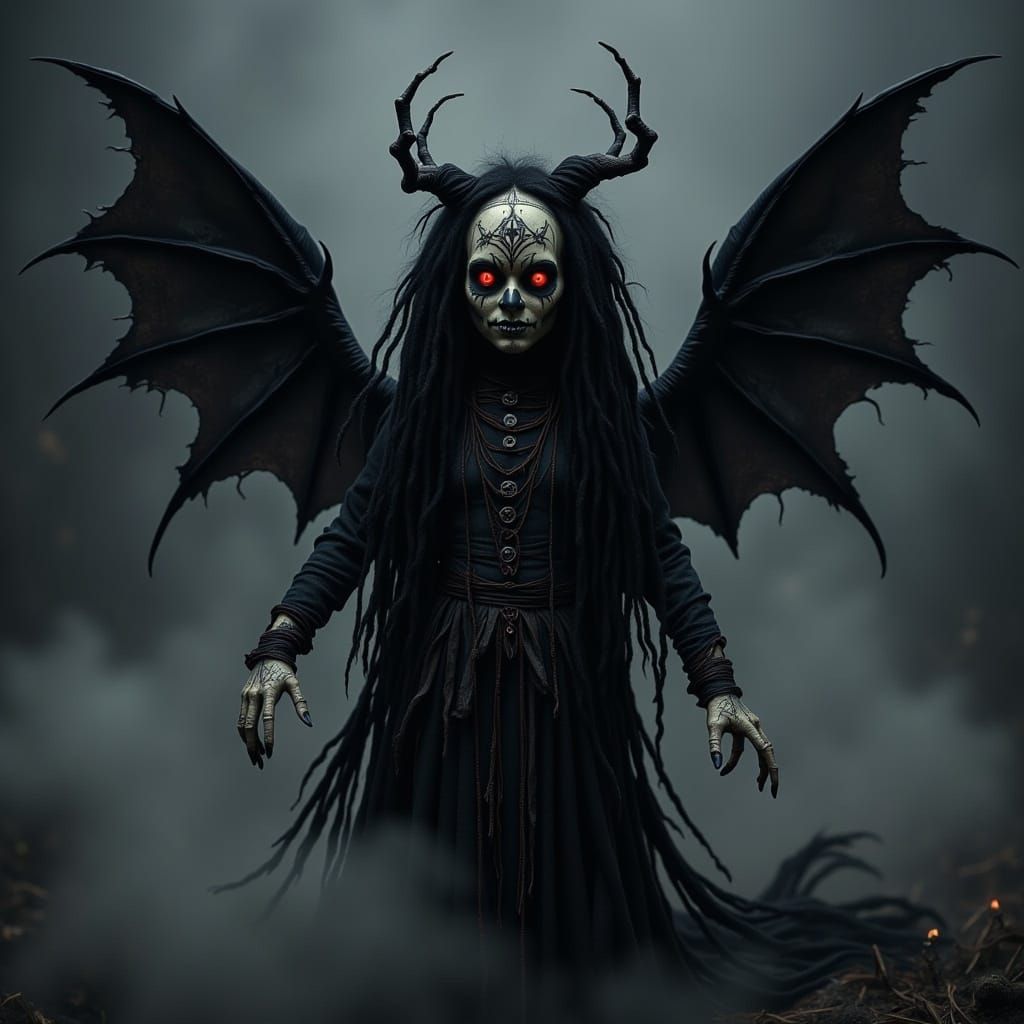 Vampire Figure with Bat Wings Emerging from Mist