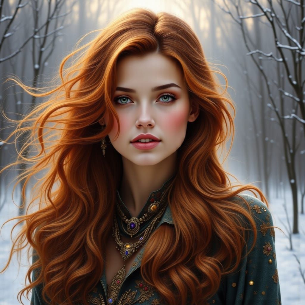Fiery Winter Hair in a Surreal Landscape