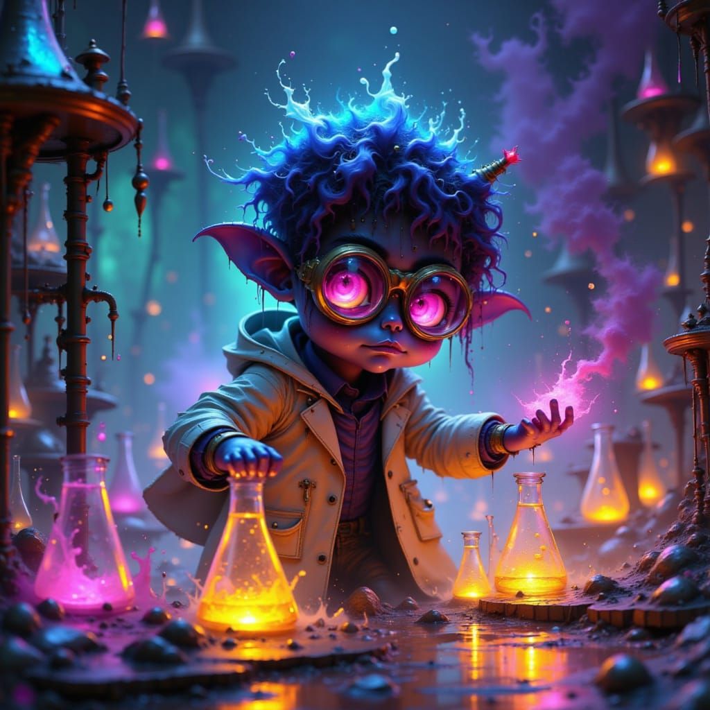 Glowing Chibi Demon Scientist in Laboratory