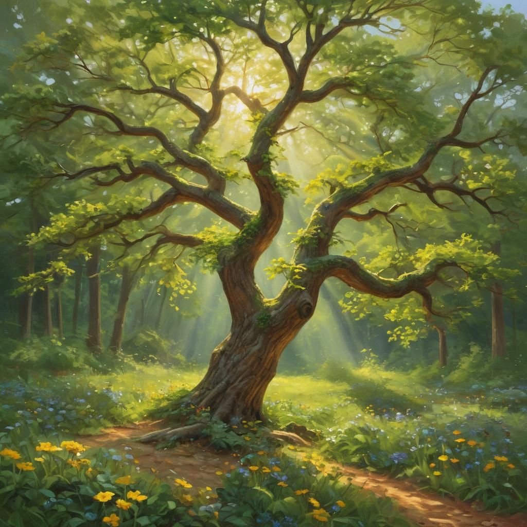 Joyful Sapling Oak Tree in Impressionist Oil Painting