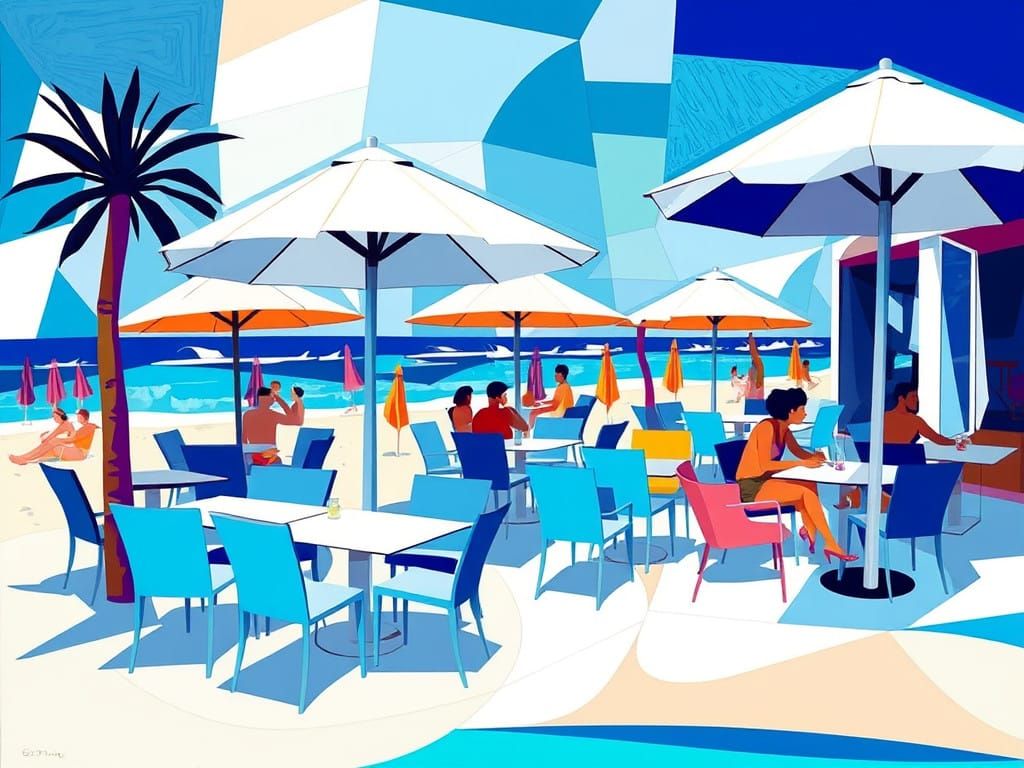 Cubist Beachside Cafe Scene with Geometric Shapes