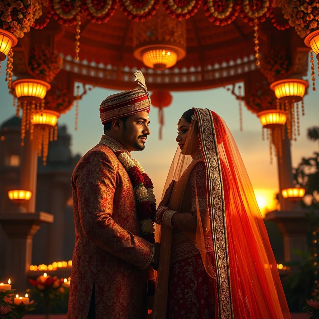 Indian Bride and Groom in Golden Twilight, Adorned with Flow...