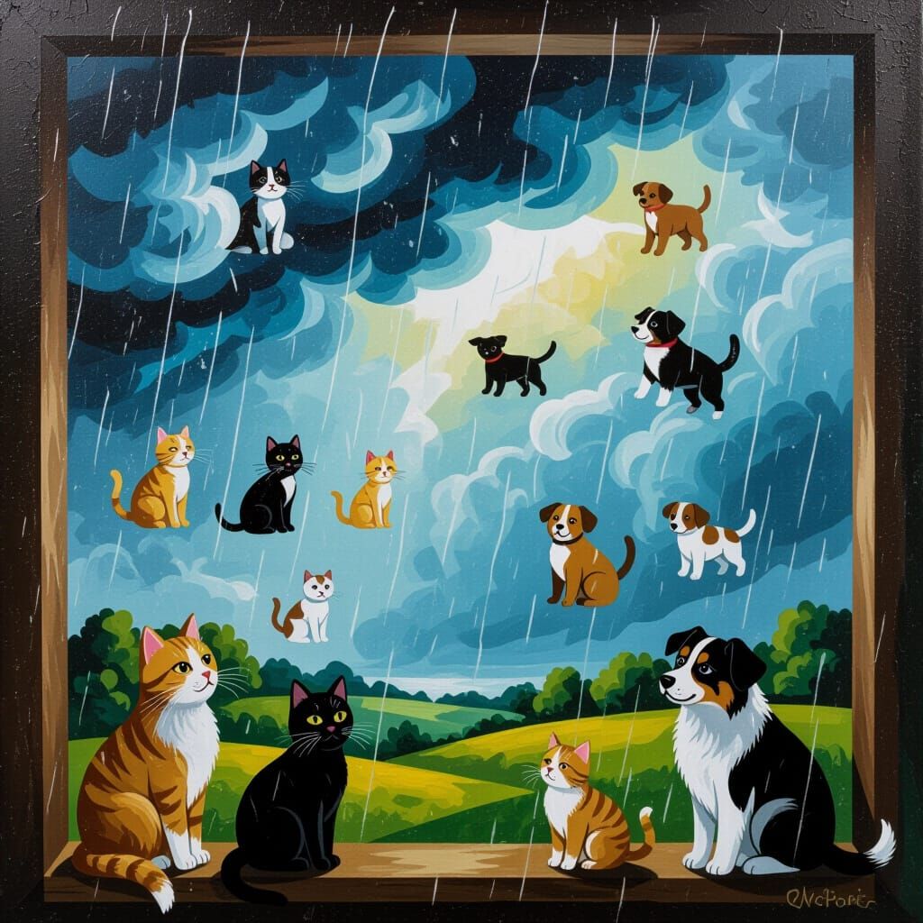 Surreal Raining Cats and Dogs Landscape in Impasto Style
