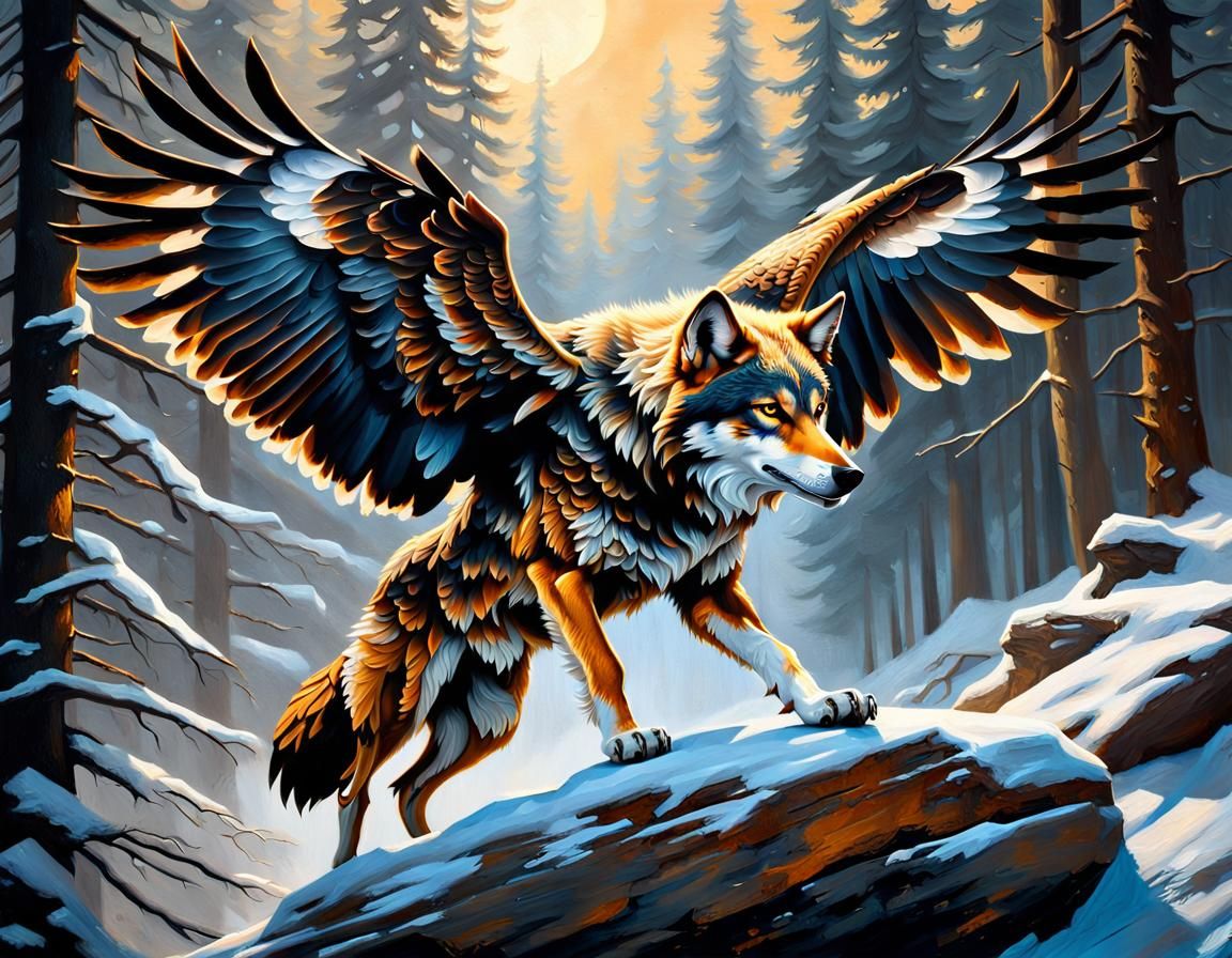 Wolf Eagle Hybrid in Detailed Oil Painting