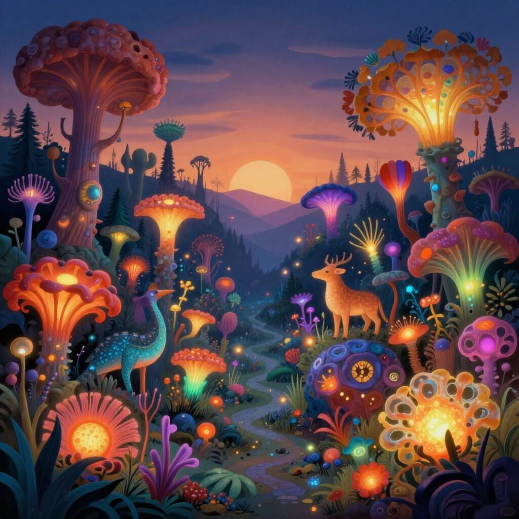 Surreal Bioluminescent Life Landscape in Ethereal Glow