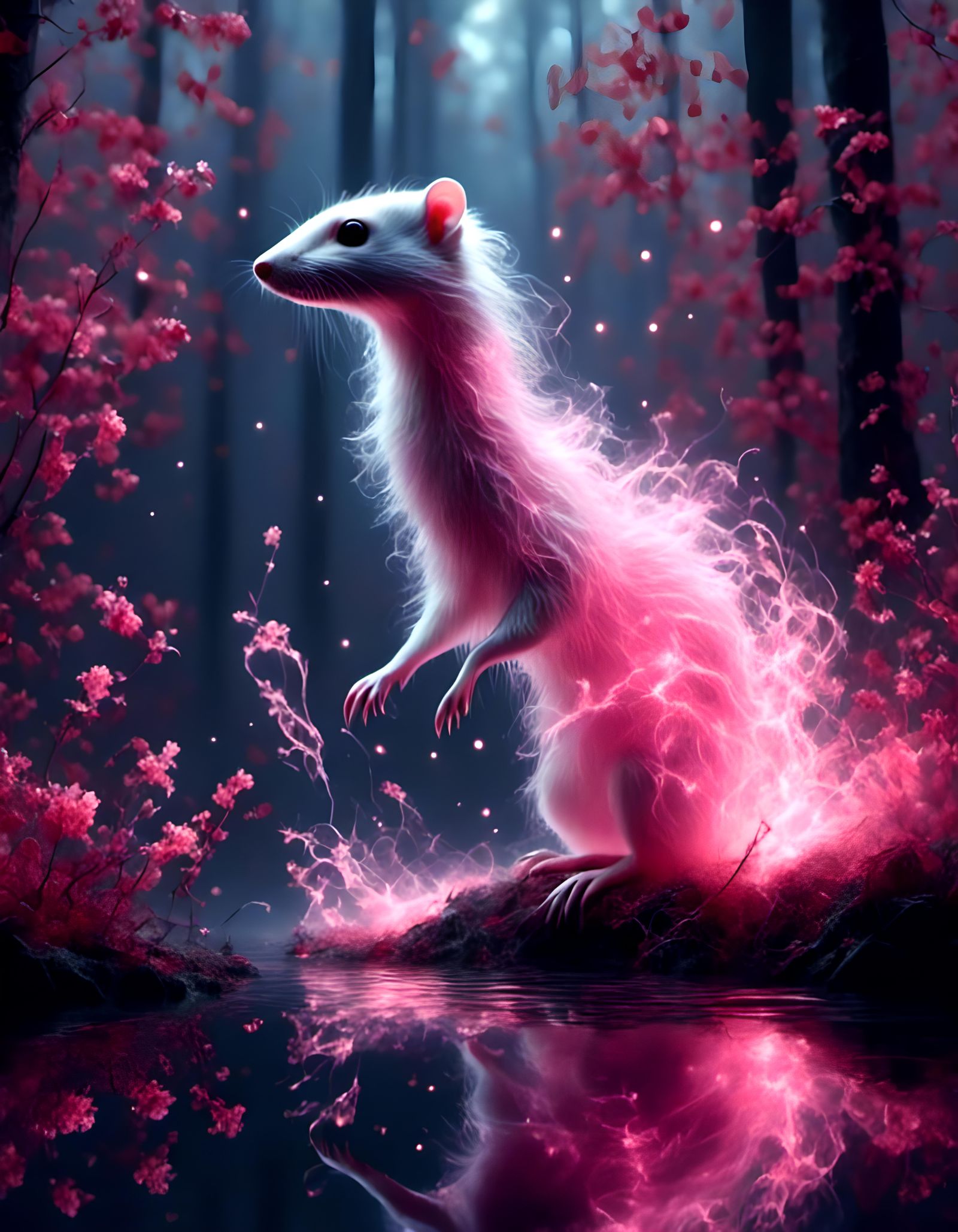 Ethereal Pink Weasel Patronus in Moonlit Forest