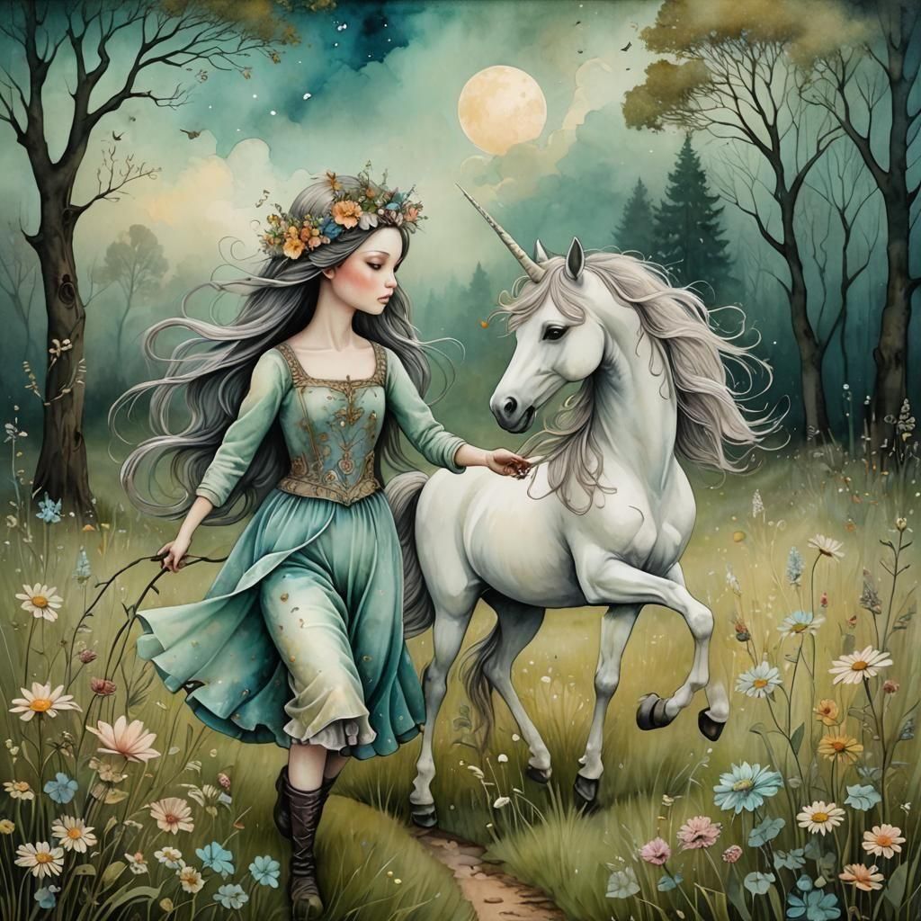 Surreal Girl and Unicorn in Beautiful Meadow