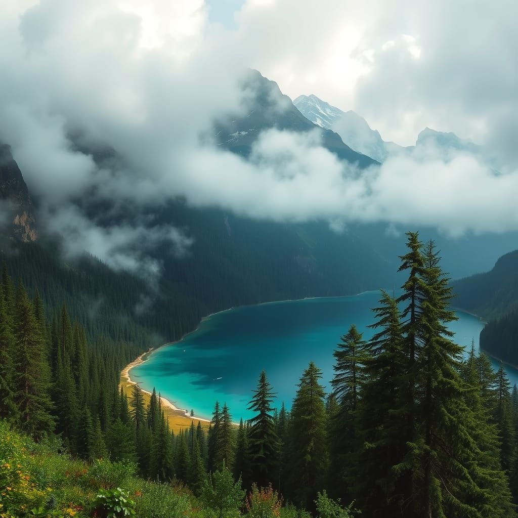 Dreamy Mountains Surround a Shimmering Mystic Lake