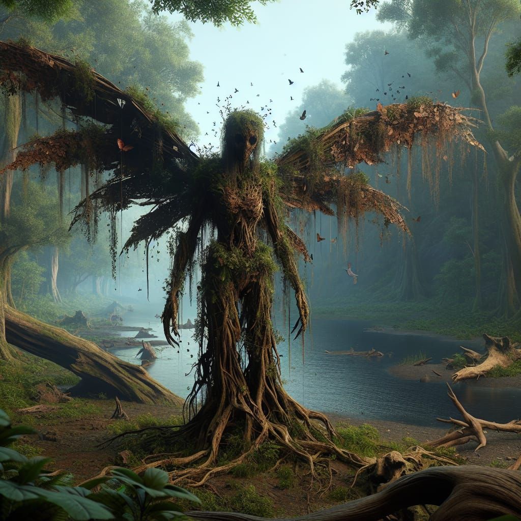 Dark Fantasy Tree Fairy with Dried Leaf Wings in a Lush Fore...