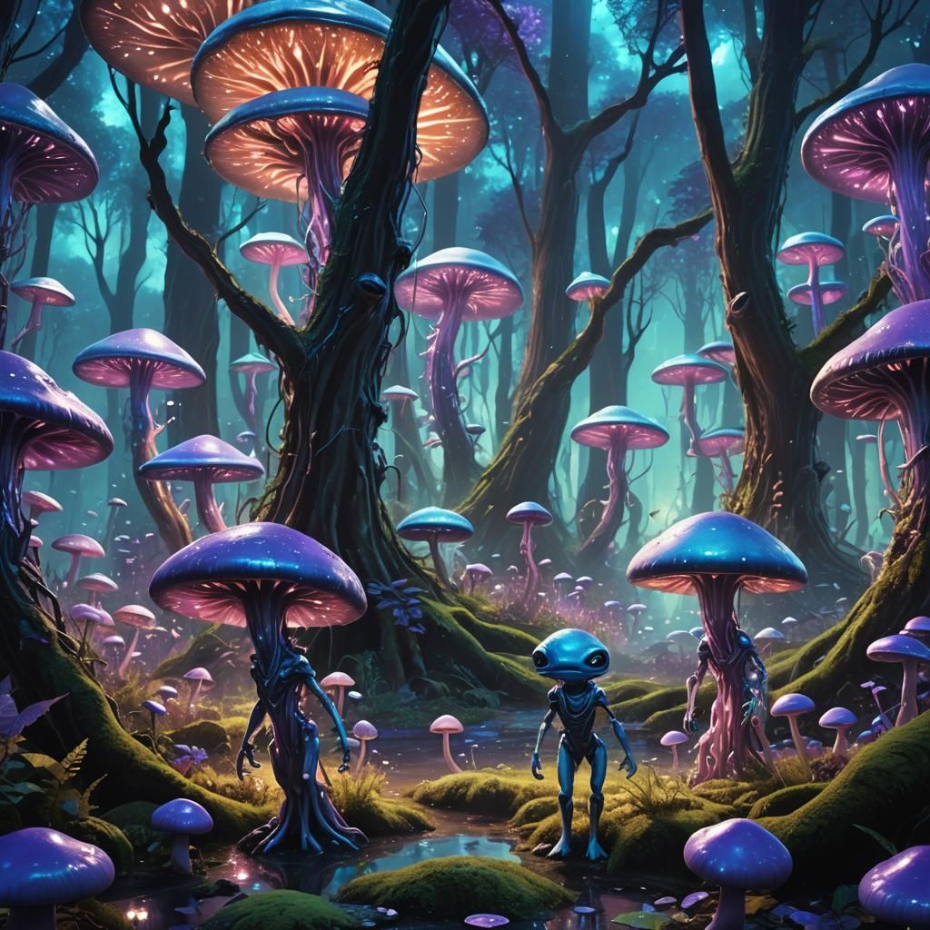 Aliens Play in a Glowing Forest at Dusk