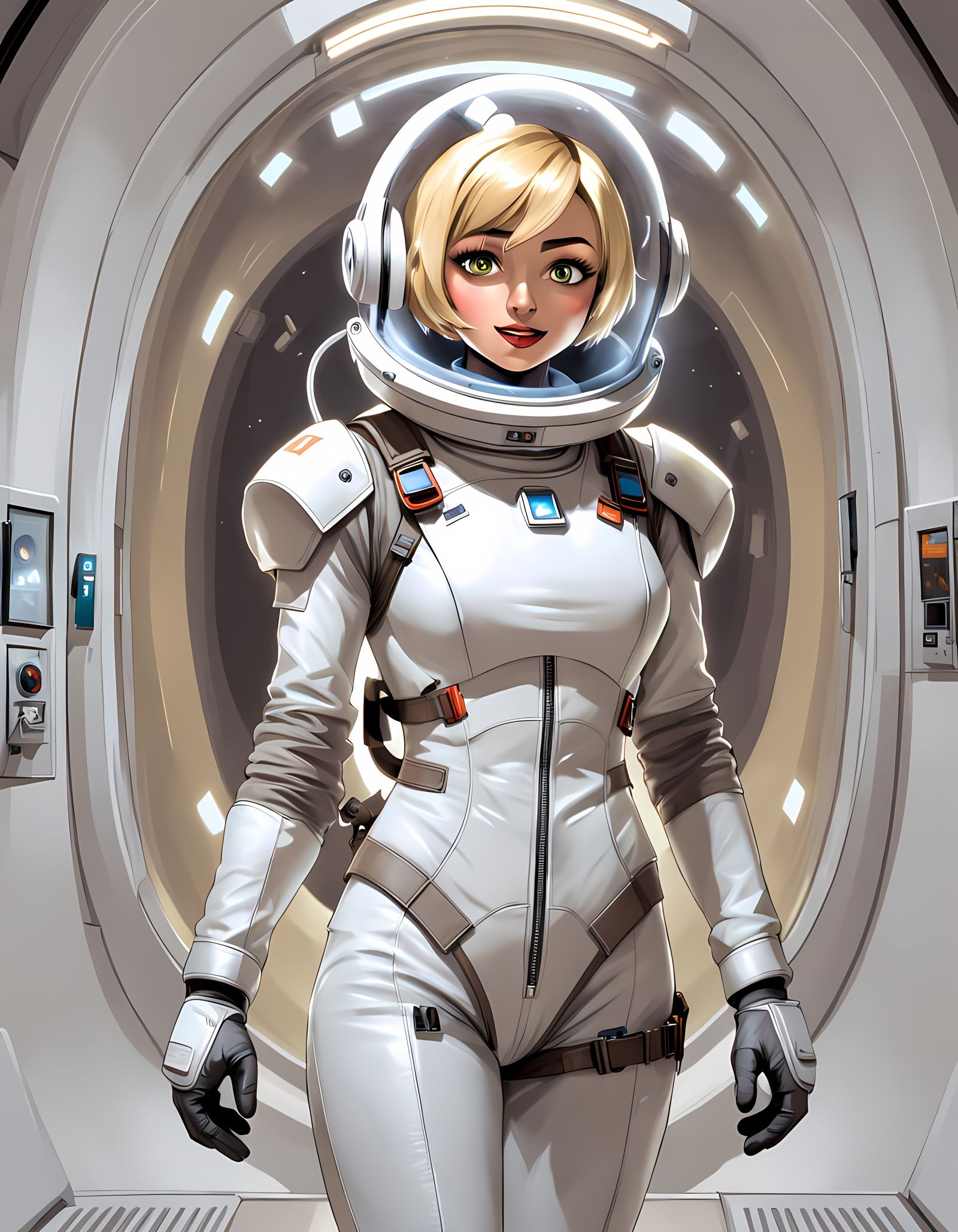 Girl Astronaut in White Spacesuit Standing in Airlock