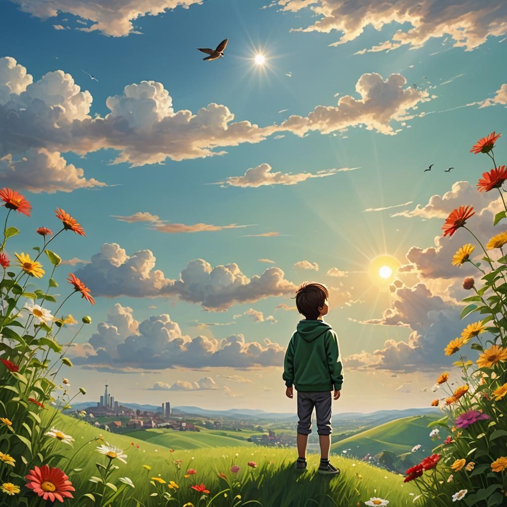 Child on Hilltop at Sunrise: Optimistic Matte Painting