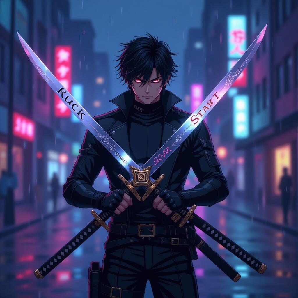 Anime Swordsman in Neon City, Hyperrealistic Style