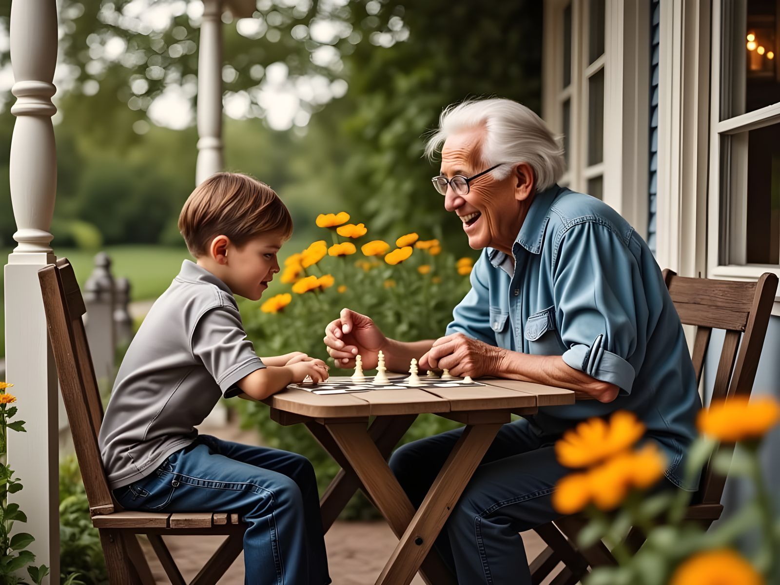 Elderly Man and Grandson Engage in Chess on Porch
