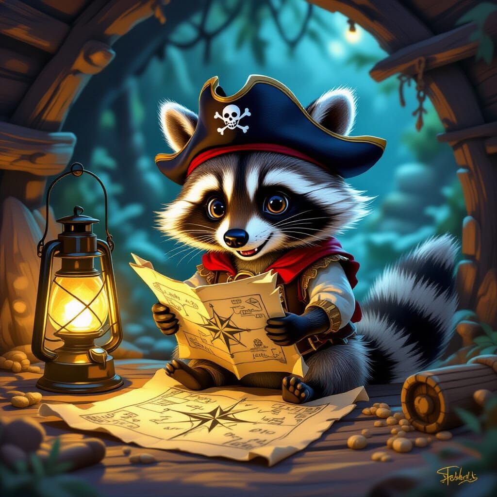 Pirate Raccoon Studies Treasure Map in Cozy Cove