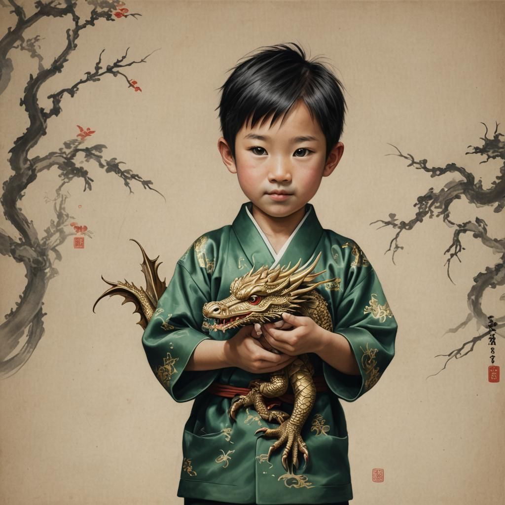 Miniature Oriental Dragon Held by Japanese Boy