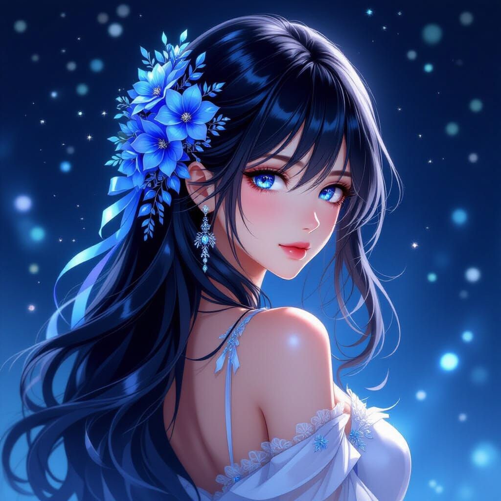 Semi-Anime Portrait of Woman with Blue Flowers and Silver Ha...