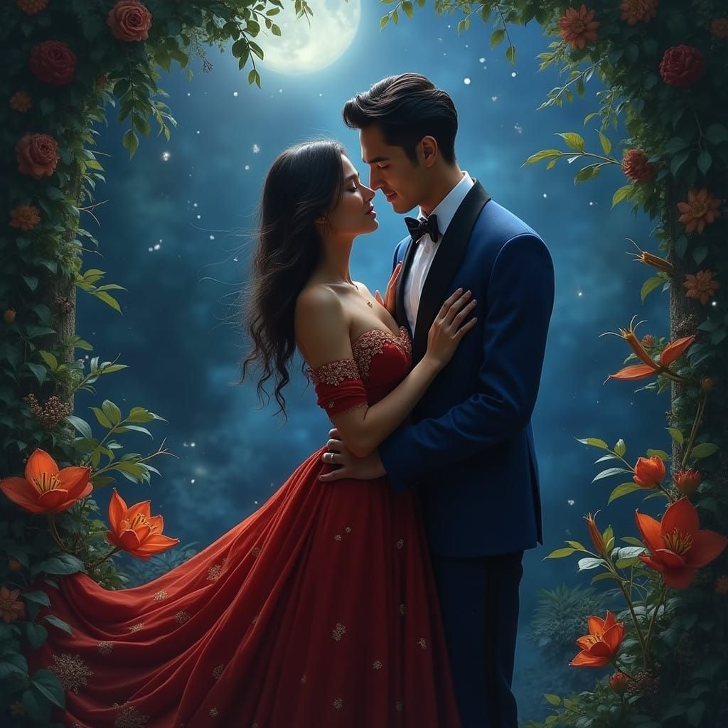 Elegant Fantasy Couple Under Starry Moonlit Garden