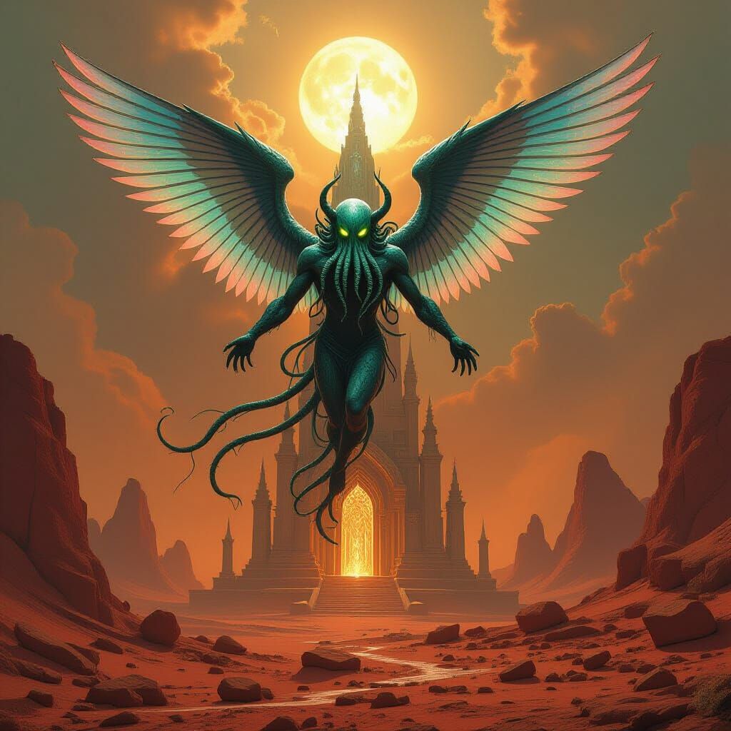 Cthulhu Angel Hybrid Over Alien Temple