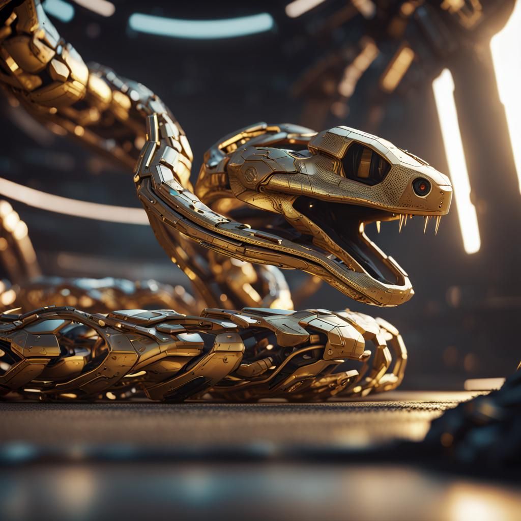 Futuristic Gold Snake with Intricate Mech Details