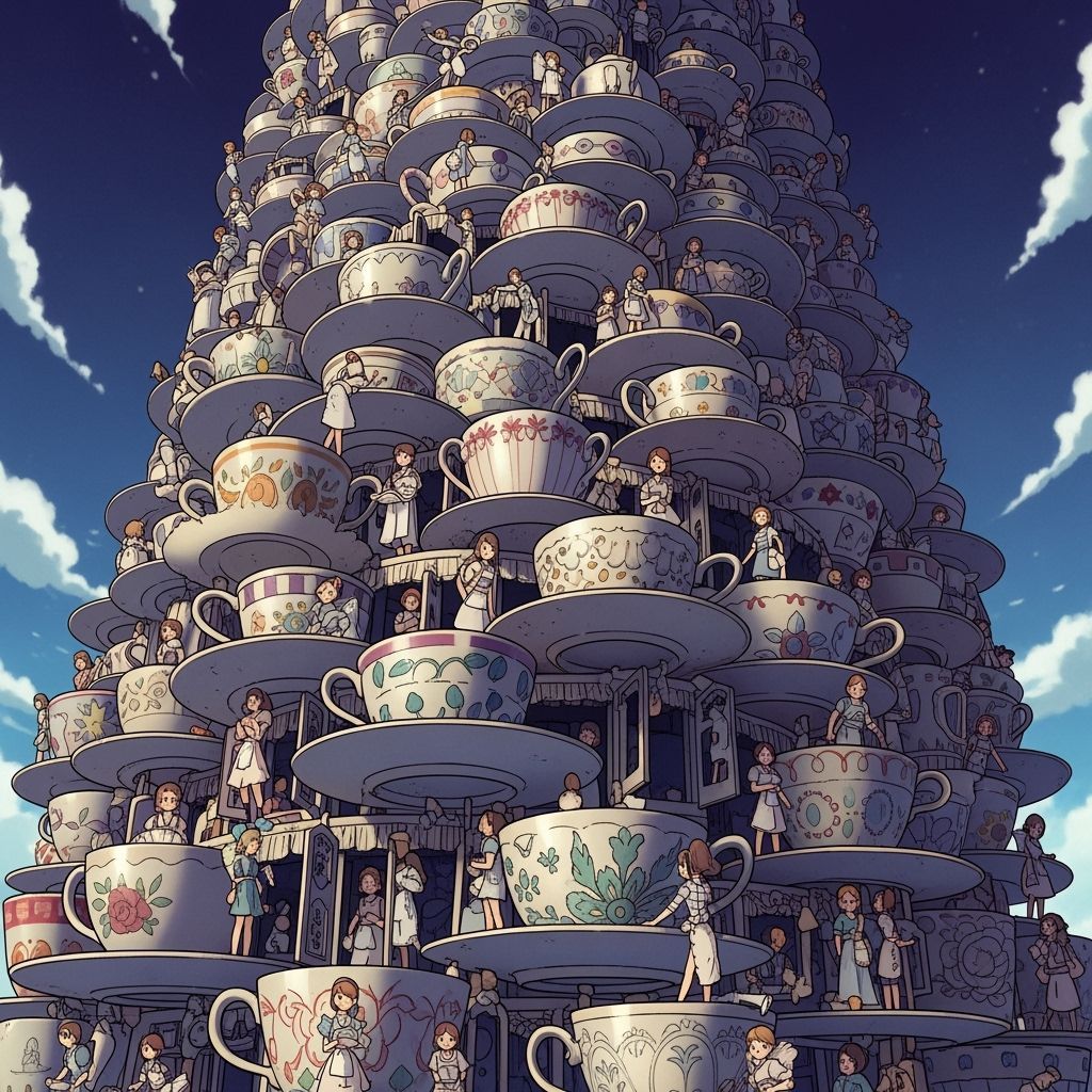 Whimsical Teacup Tower in Manga Anime Style