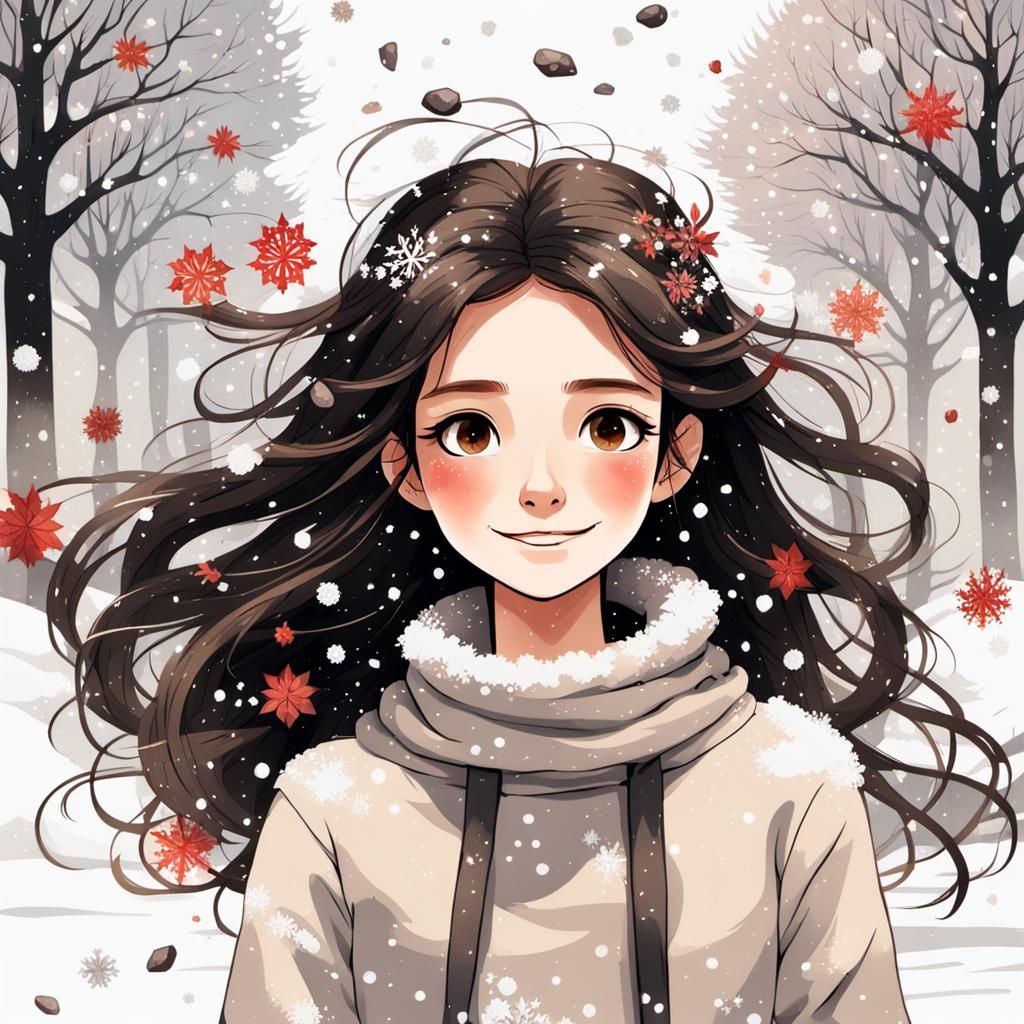 Anime Girl in Snowy Landscape with Flowers