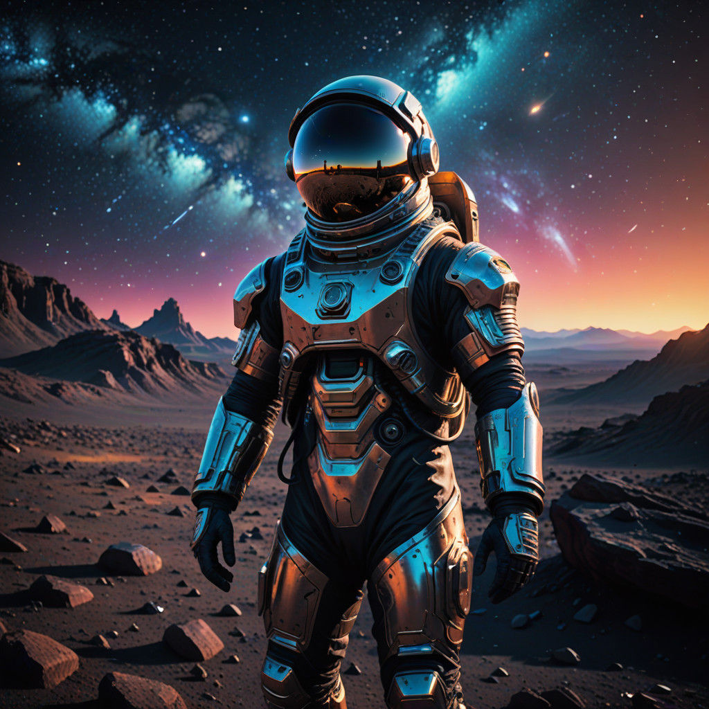 Astronaut Standing on Alien Planet in Vibrant, Neon-Lit Sci-...