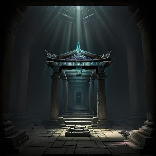 A forgotten temple illuminated by fractured light from within enhance the feeling of unease.