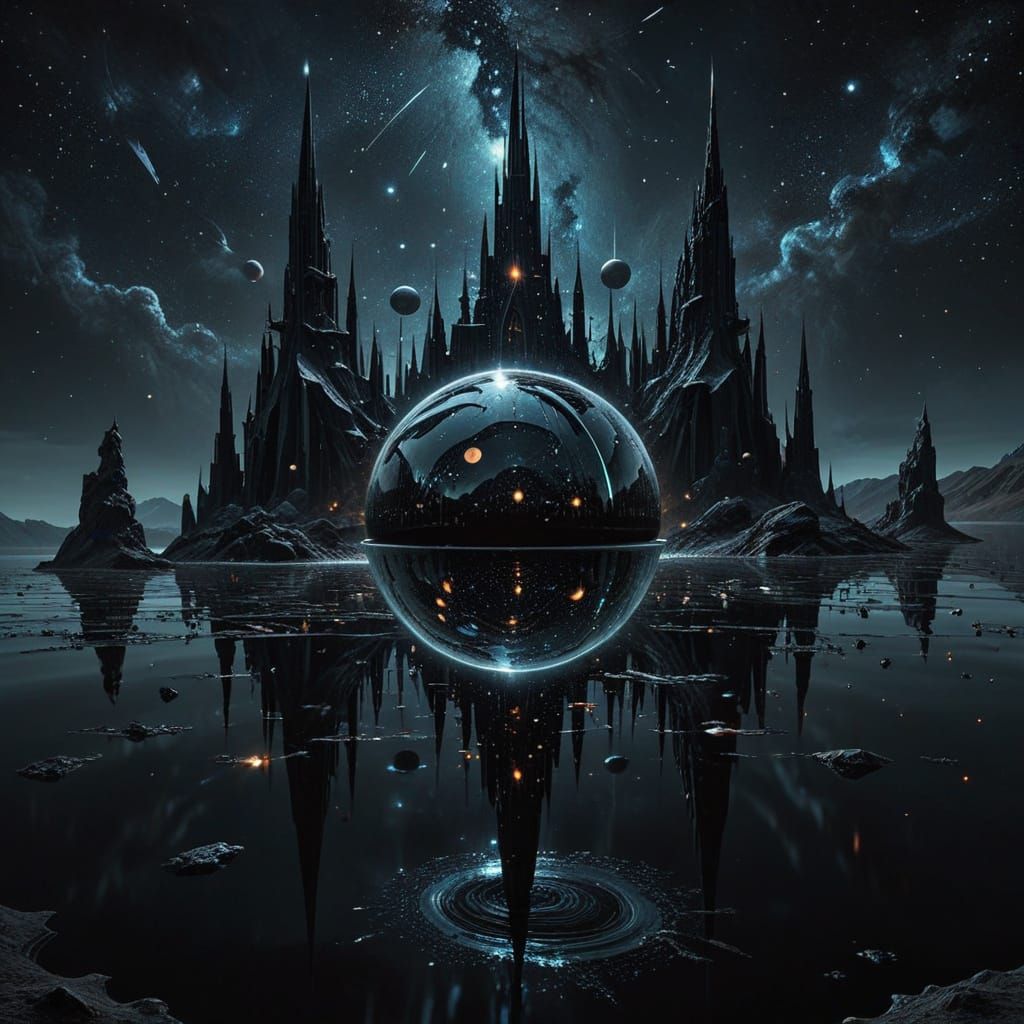 Surreal Spires Orbiting Dark Sphere as Oil Painting