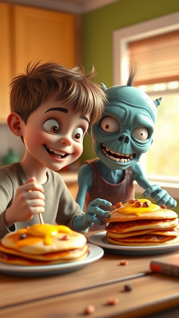Boy and Zombie Enjoy Pancakes: 3D Digital Art