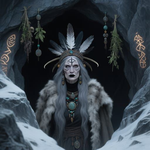 Ancient Woman at Mountain Cave Entrance, Dark Fantasy Style