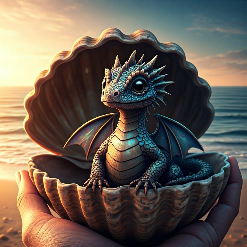 Iridescent Dragon in Shimmering Shell Amidst Oceanic Paradis...