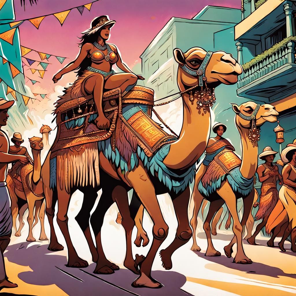 brazilian carnival parade with many decorated camels, women dancing samba, Mark Brooks and Dan Mumford, comic book art, ...