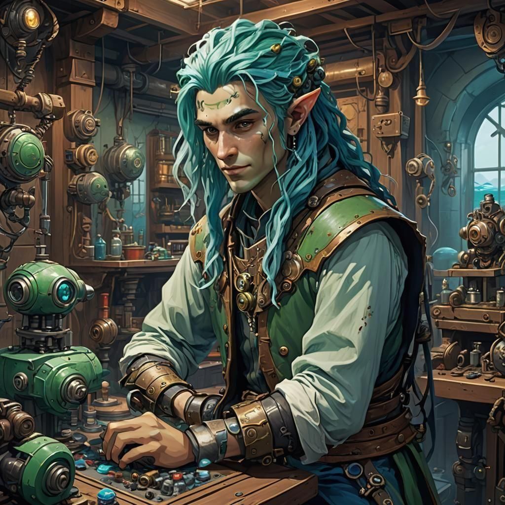 Water Genasi Tinkerer in Ocean-Themed Workshop