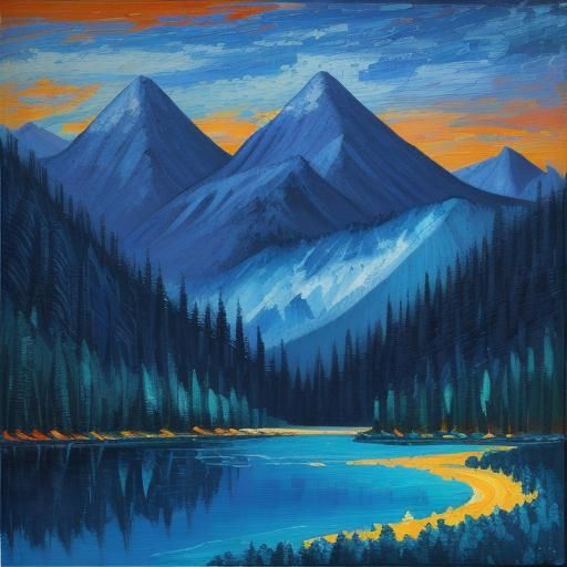 Blue Mountains at Night in Expressionist Style