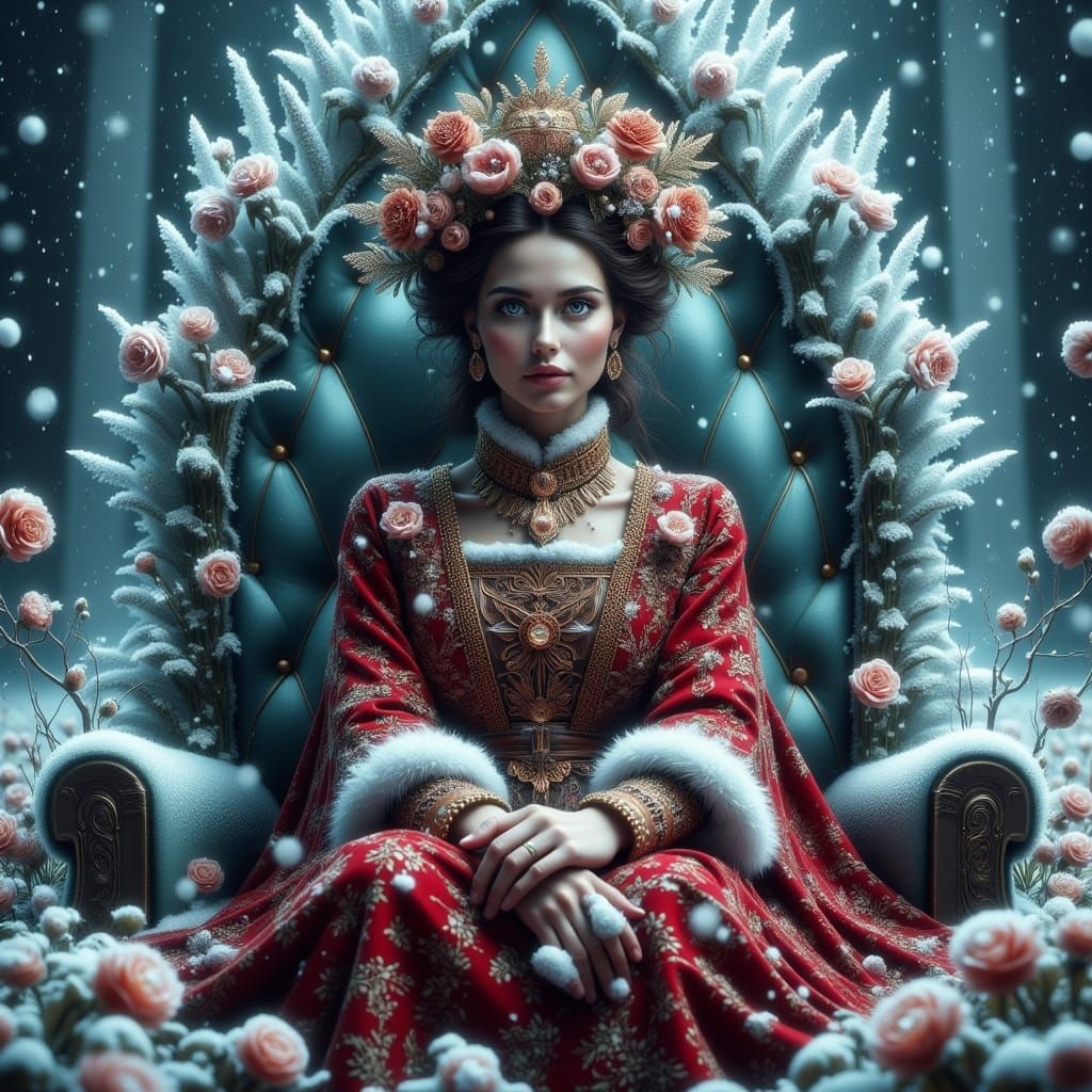 Siberian Tsarina on Ice Throne in Folk Art Nouveau