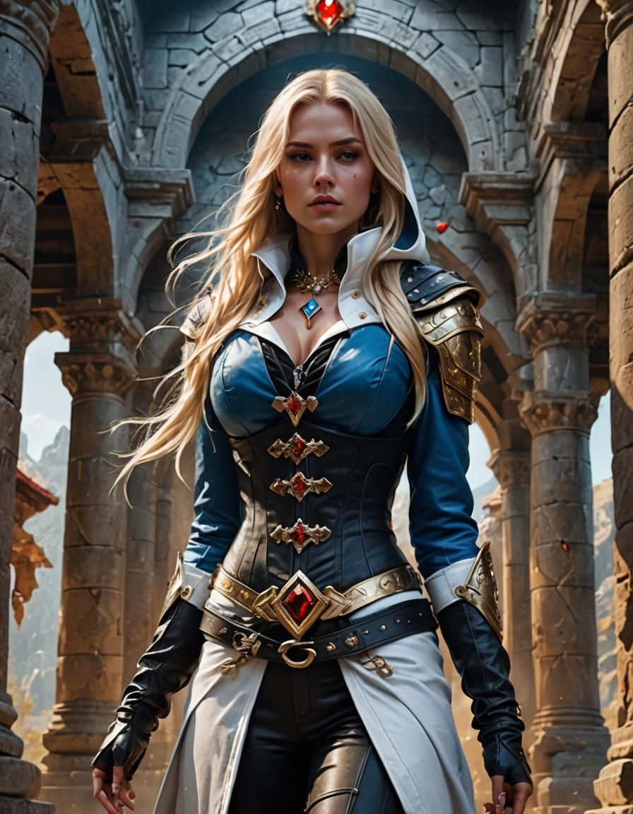 Female Assassin in Ancient Temple, Hyperrealistic Fantasy Ar...