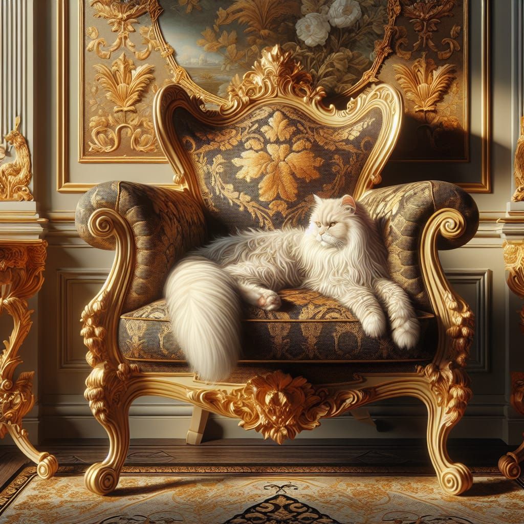 Elegant Cat Lounging on Rococo Chair as Oil Painting
