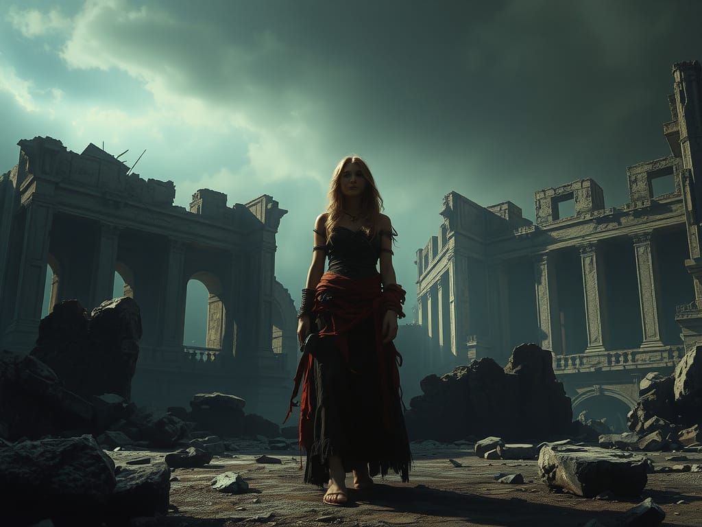 Ancient Woman in Crumbling Ruins Dark Fantasy Art