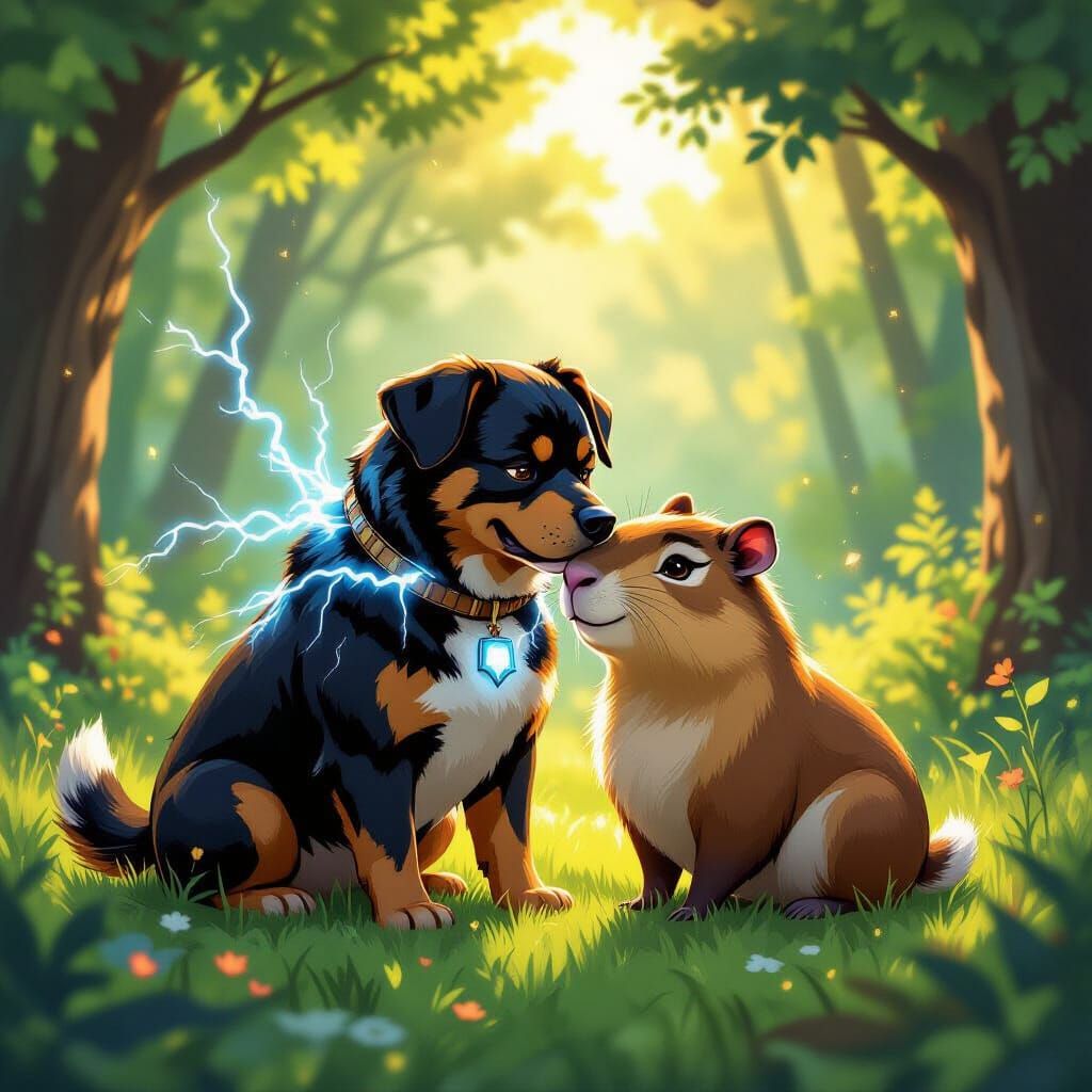 Lightning Dog Nuzzles Capybara in Magical Forest