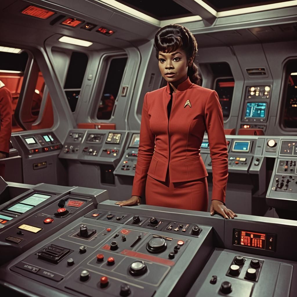 Lt. Uhura on the Enterprise Bridge in Retrofuturism