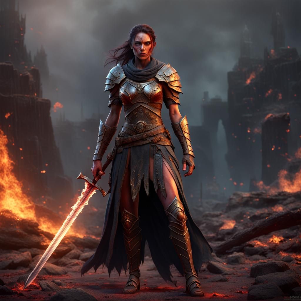 warrior princess, battle scars, burning background, minimal ...