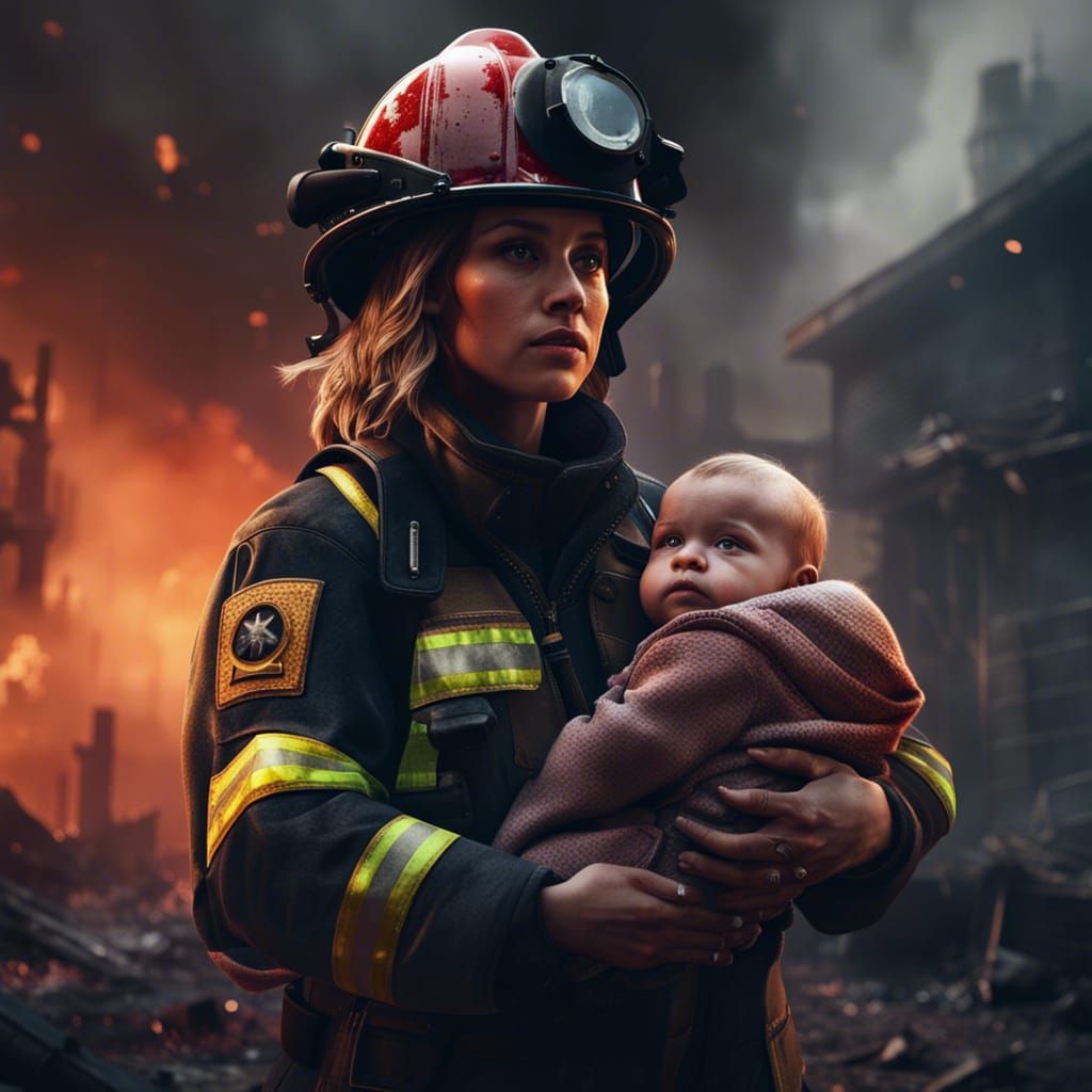 Female Firefighter Rescues Baby in Detailed Matte Painting
