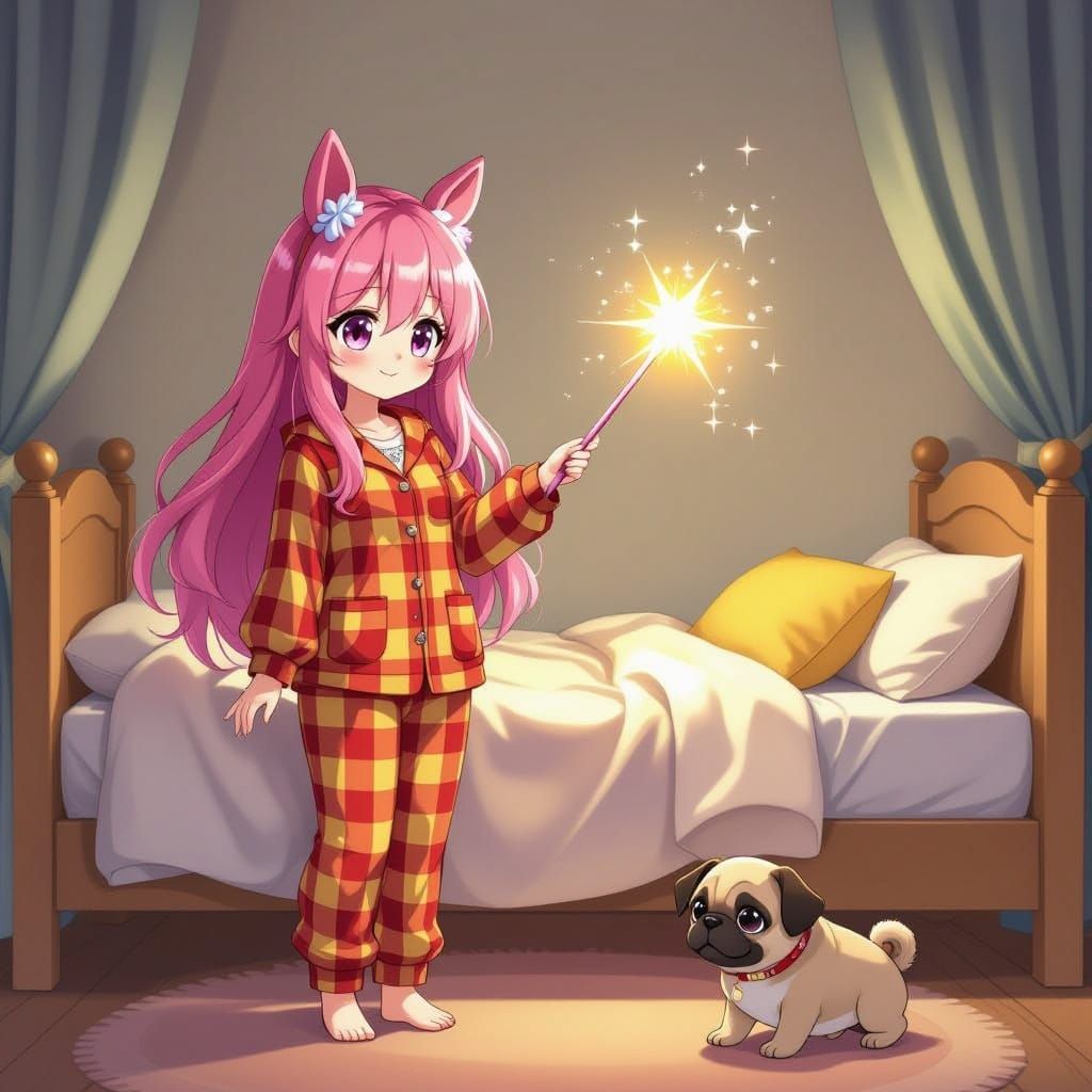 Anime Girl with Pink Hair and Horse Ears Wields Magic Wand